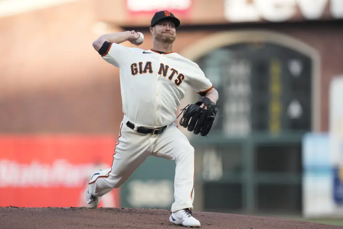 San Francisco Giants pitcher Alex Cobb throws against the St. Louis Cardinals during the first inning of a baseball game in San Francisco, Monday, April 24, 2023.
