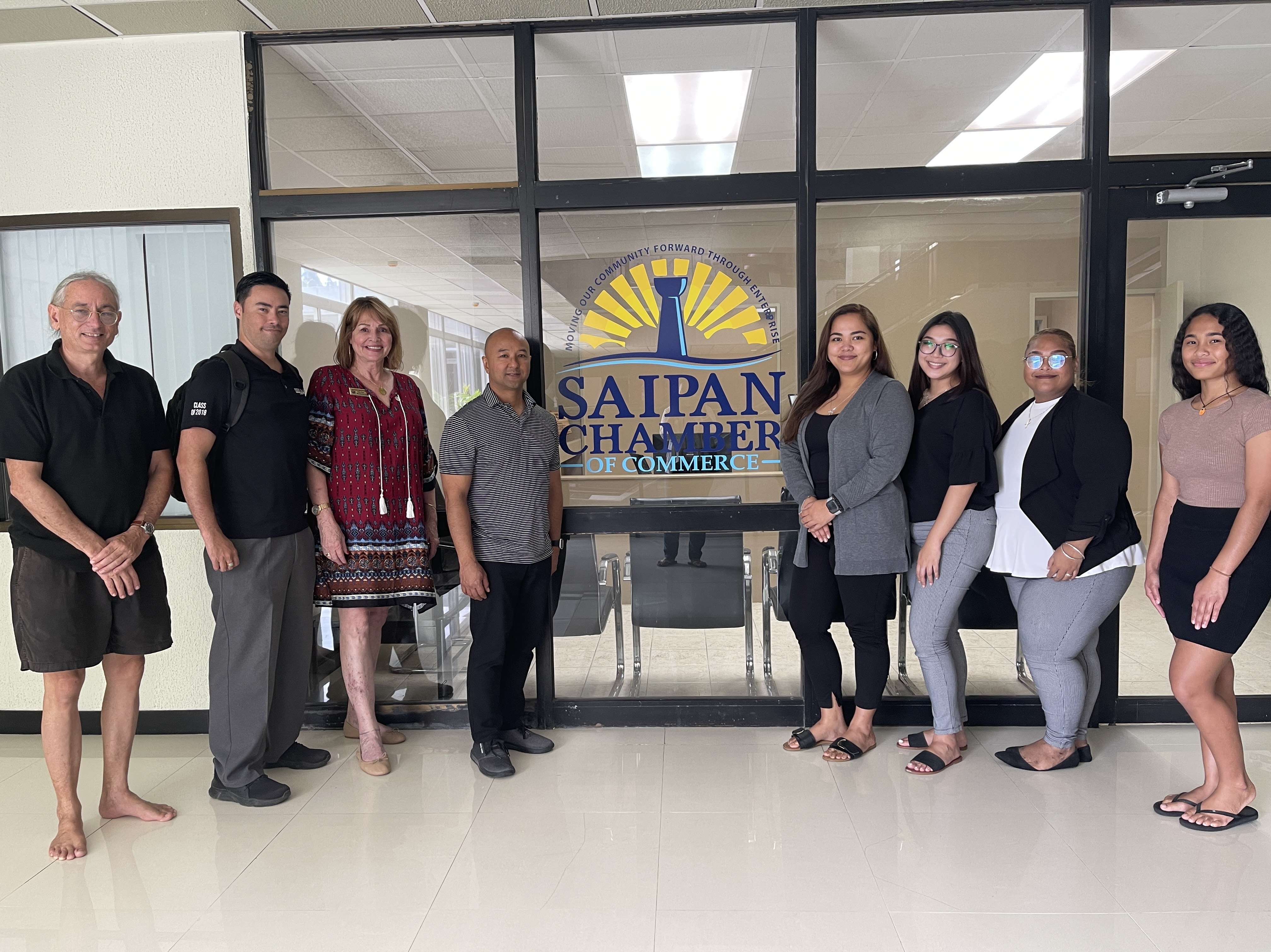 From left, Saipan  Chamber of  Commerce Director Ron Smith, Vice President Joshua Wise, Secretary Donna Krum, President Joe Guerrero, Executive Director Kim C. Camacho, team members Riley Buenaventura, Tasha Bahillo, and Vanicia Diaz.