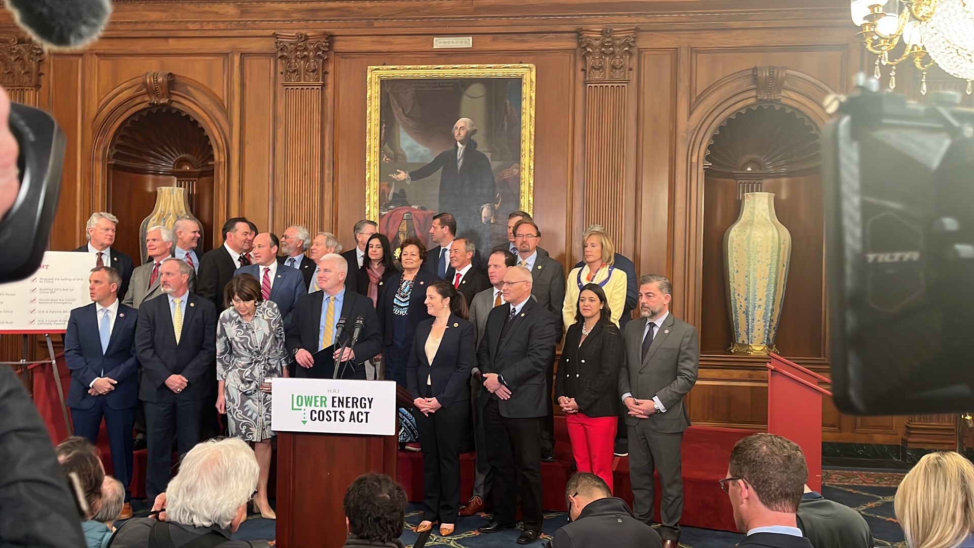 U.S. Congresswoman Uifa’atali Amata  and other House members pose for a photo after the House passage of H.R. 1 or the Lower Costs Energy Act.