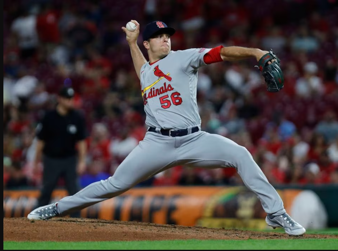 St. Louis Cardinals relief pitcher Ryan Helsley (56) throws against the Cincinnati Reds during the ninth inning at Great American Ball Park in Cincinnati, Ohio, May 23, 2023.