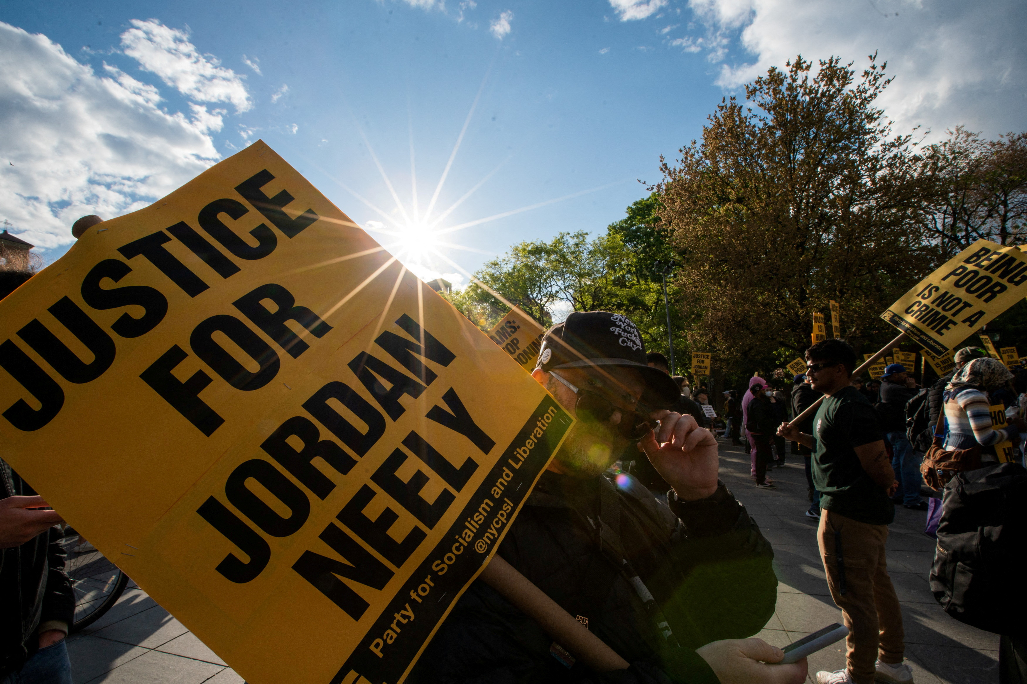 People protest the death of Jordan Neely, a man that died after being placed in a chokehold by a fellow passenger in a New York City subway train earlier this week, whose death has been ruled as homicide by the city's medical examiner, in New York City in New York, U.S., May 5, 2023. REUTERS/Eduardo Munoz