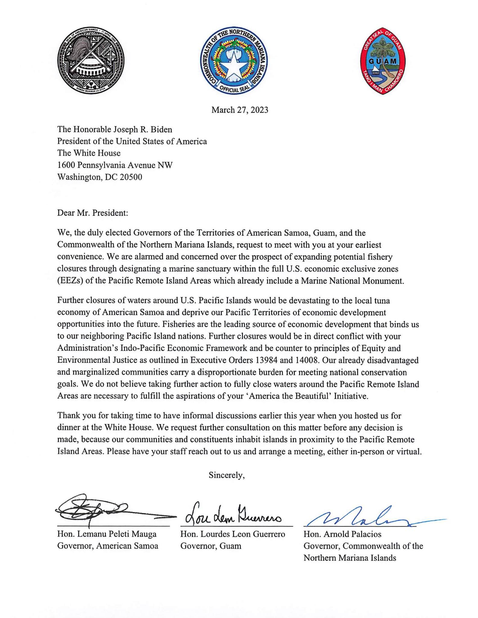 Letter addressed to President Biden from the Governors of CNMI, Guam and American Samoa