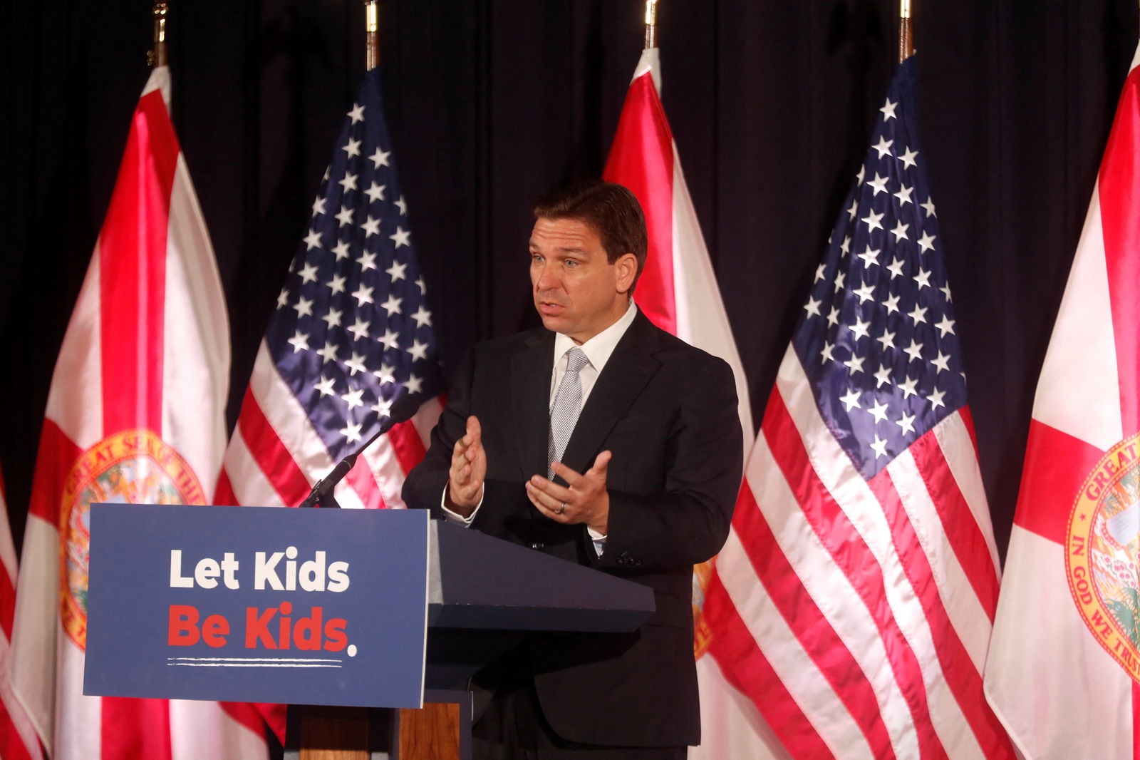 Florida Governor Ron DeSantis speaks during a press conference before he signs five state house bills into law at Cambridge Christian School in Tampa, Florida, U.S. May 17, 2023. REUTERS/Octavio Jones