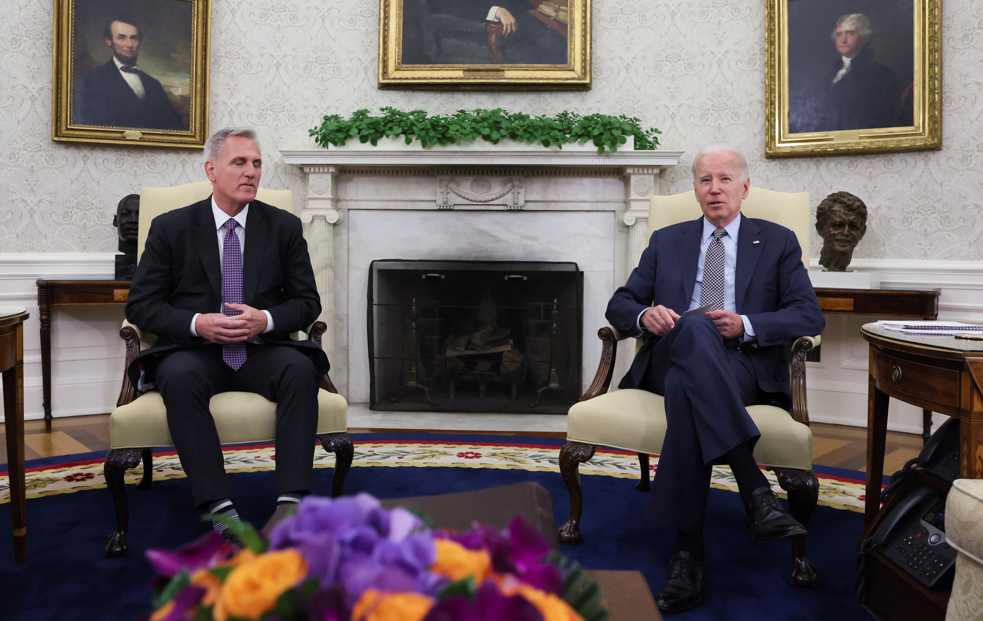 House Speaker Kevin McCarthy (R-CA) sits for debt limit talks with U.S. President Joe Biden in the Oval Office at the White House in Washington, U.S., May 22, 2023. REUTERS/Leah Millis