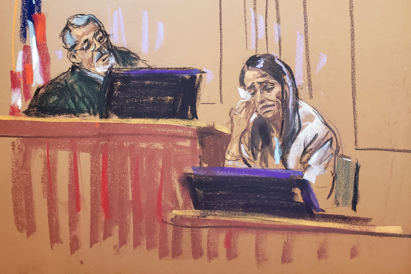 Luciana Paula Martinez gives a victim impact statement before U.S. District Judge Vernon Broderick during the sentencing hearing of Sayfullo Saipov, who was convicted in January of murder and terrorism charges after mowing down cyclists and pedestrians with a truck, in New York, U.S., May 17, 2023 in this courtroom sketch. REUTERS/Jane Rosenberg