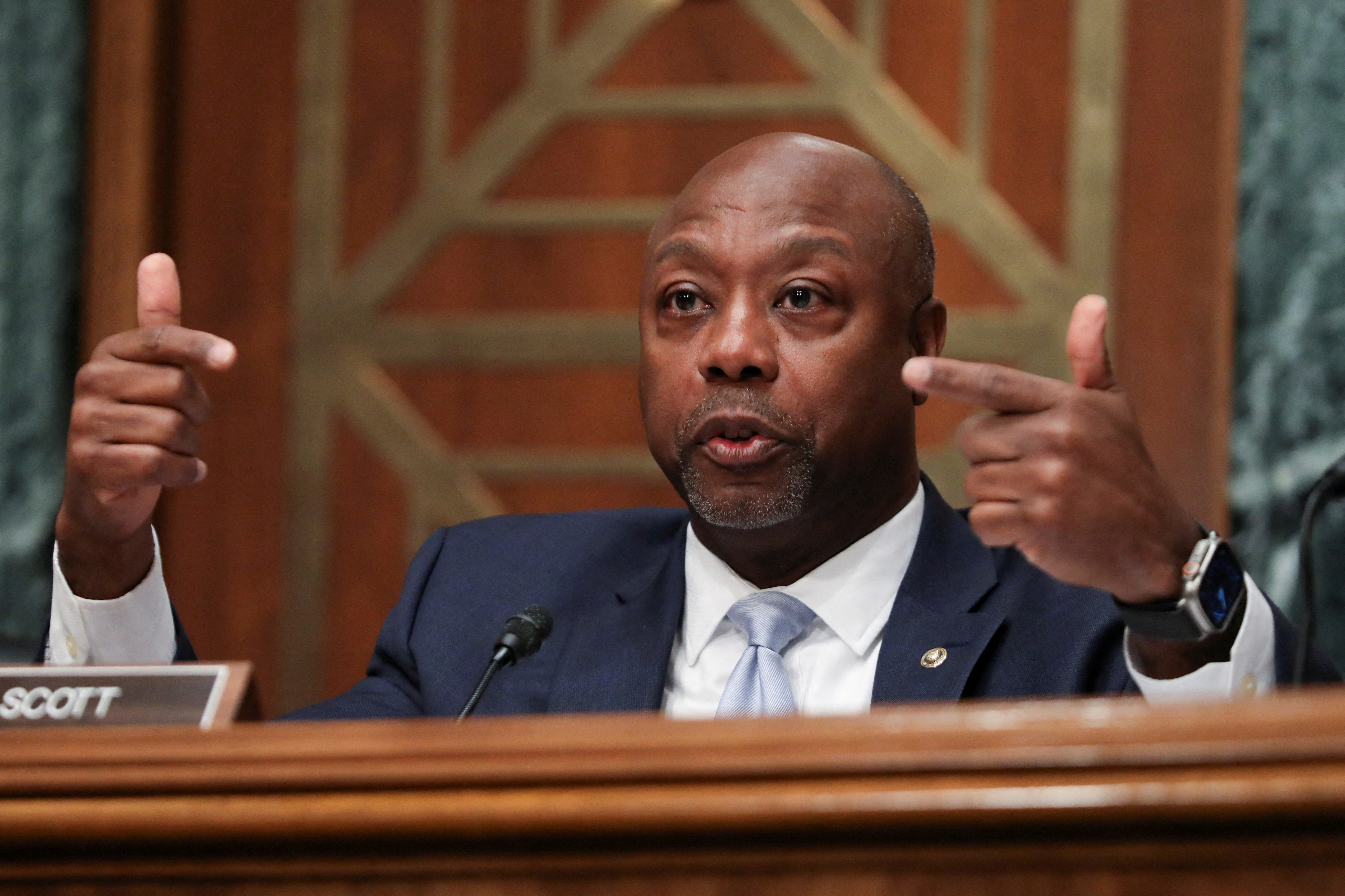 FILE PHOTO: U.S. Senator Tim Scott (R-SC) speaks during a Senate Banking, Housing and Urban Affairs Committee hearing on Capitol Hill in Washington, U.S., April 18, 2023. REUTERS/Amanda Andrade-Rhoades