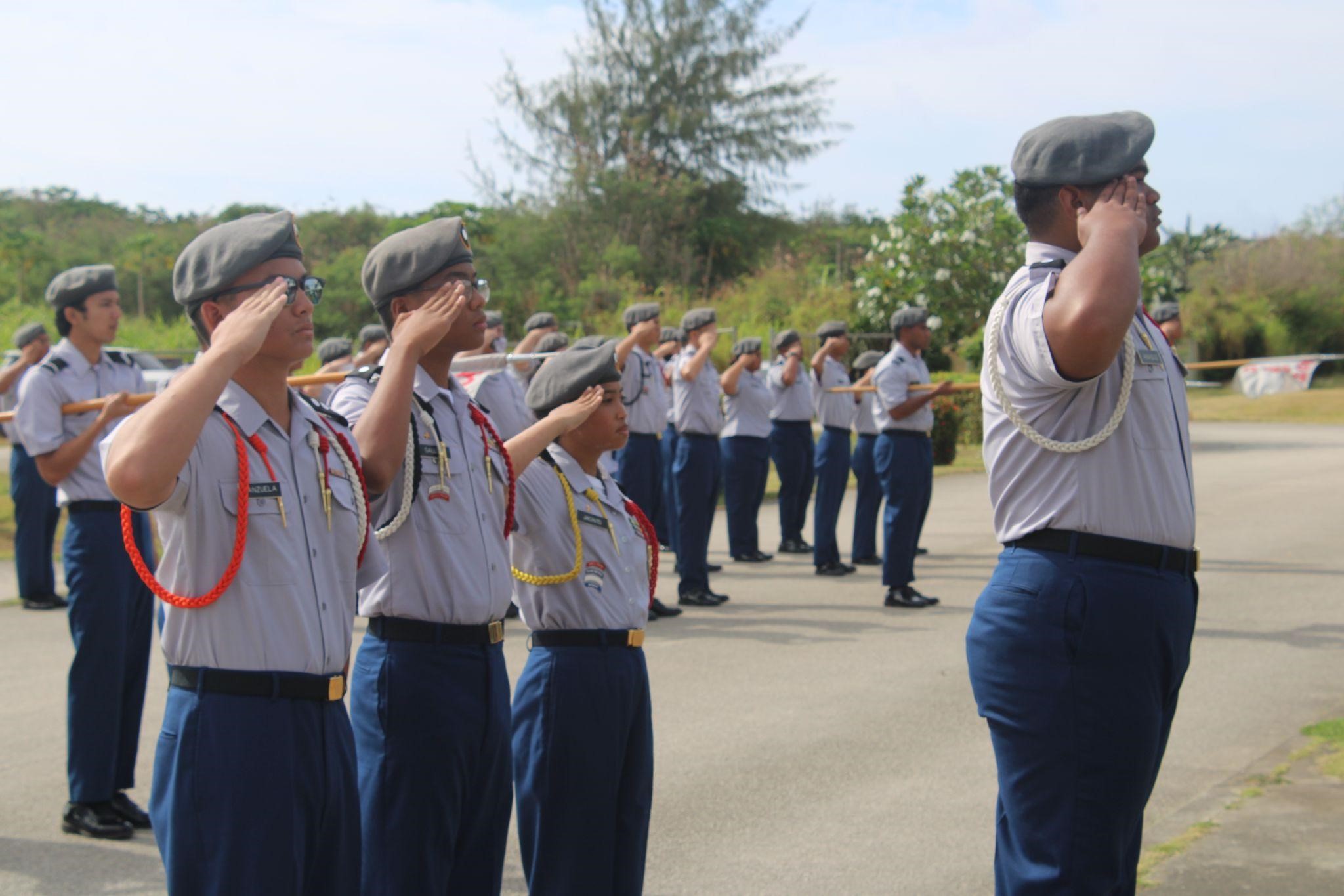 The Manta Ray Battalion cadets present arms while the anthems were being sung.