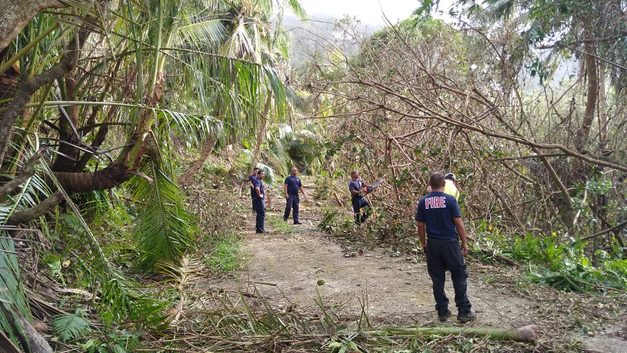 The staff of the Department of Fire and Emergency Services remove typhoon  debris from the road that leads to the Matan Hanom Cave on Rota.