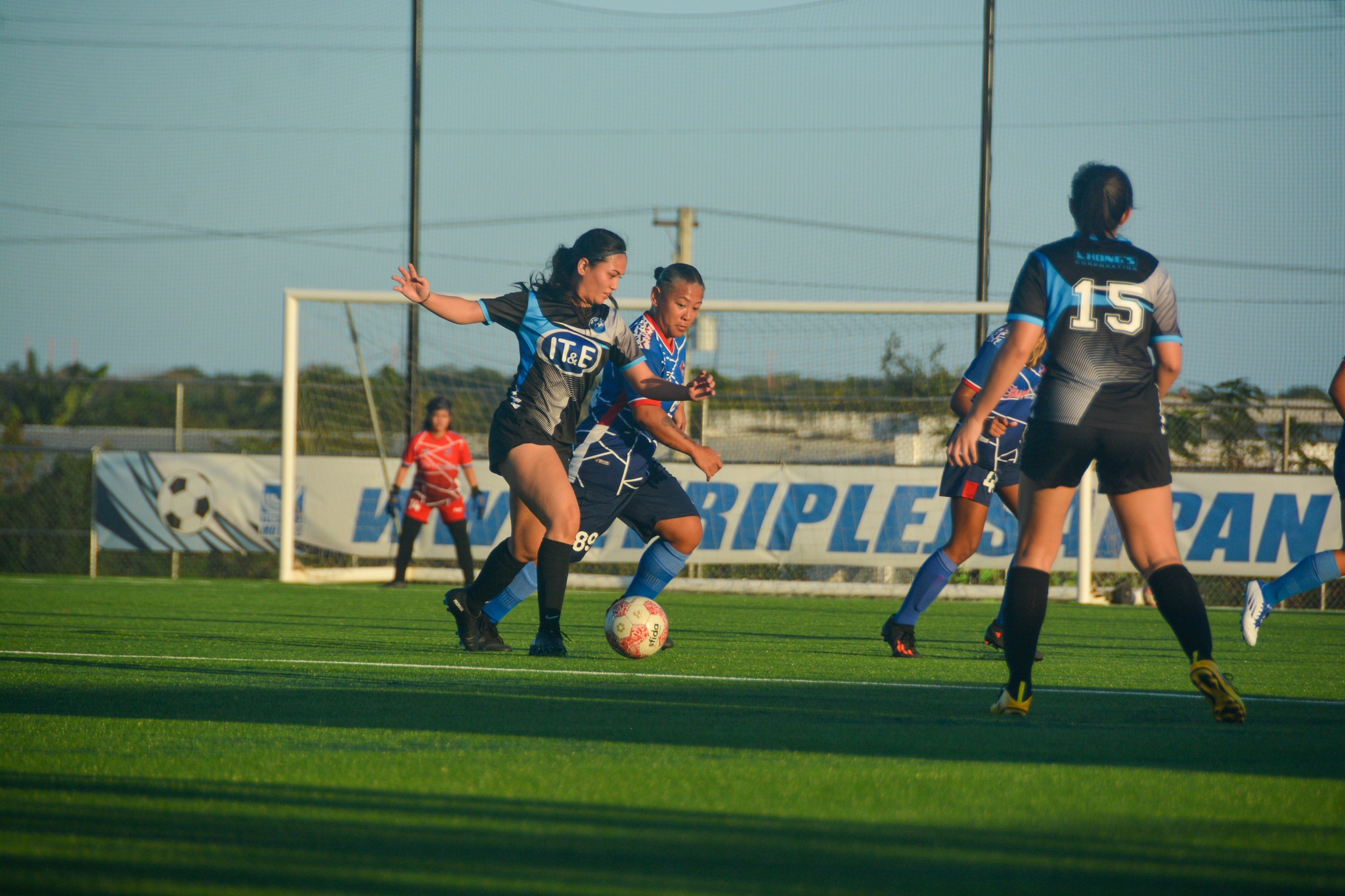 MP United’s Michelle Masga and Shirley’s Werlly Breakenridge battle for the possession during an intermediate division game of the Dove Women's League at the NMI Soccer Training Center in Koblerville.