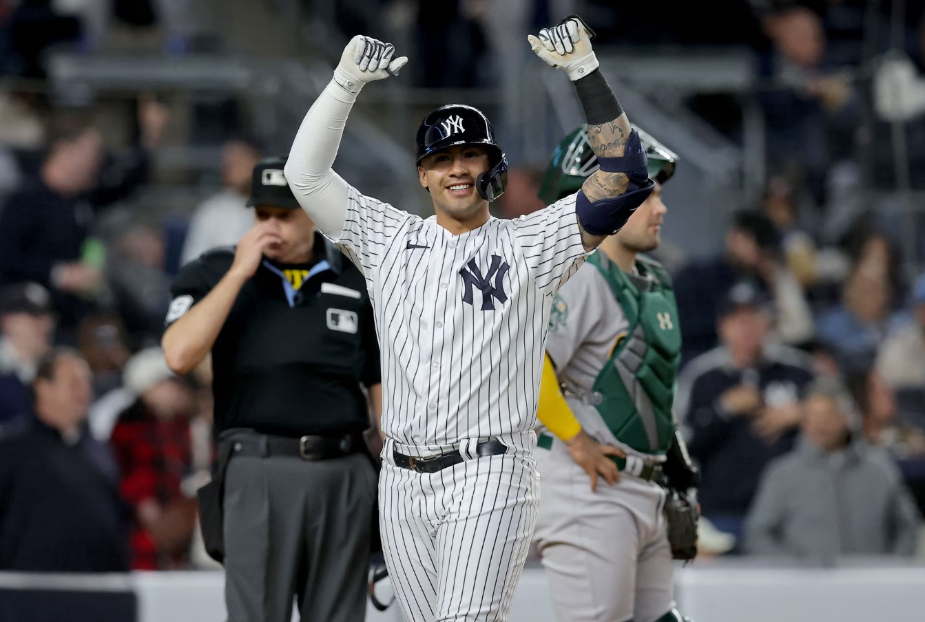 New York Yankees second baseman Gleyber Torres (25) celebrates his two run home run against the Oakland Athletics during the fifth inning at Yankee Stadium in Bronx, New York, May 9, 2023.