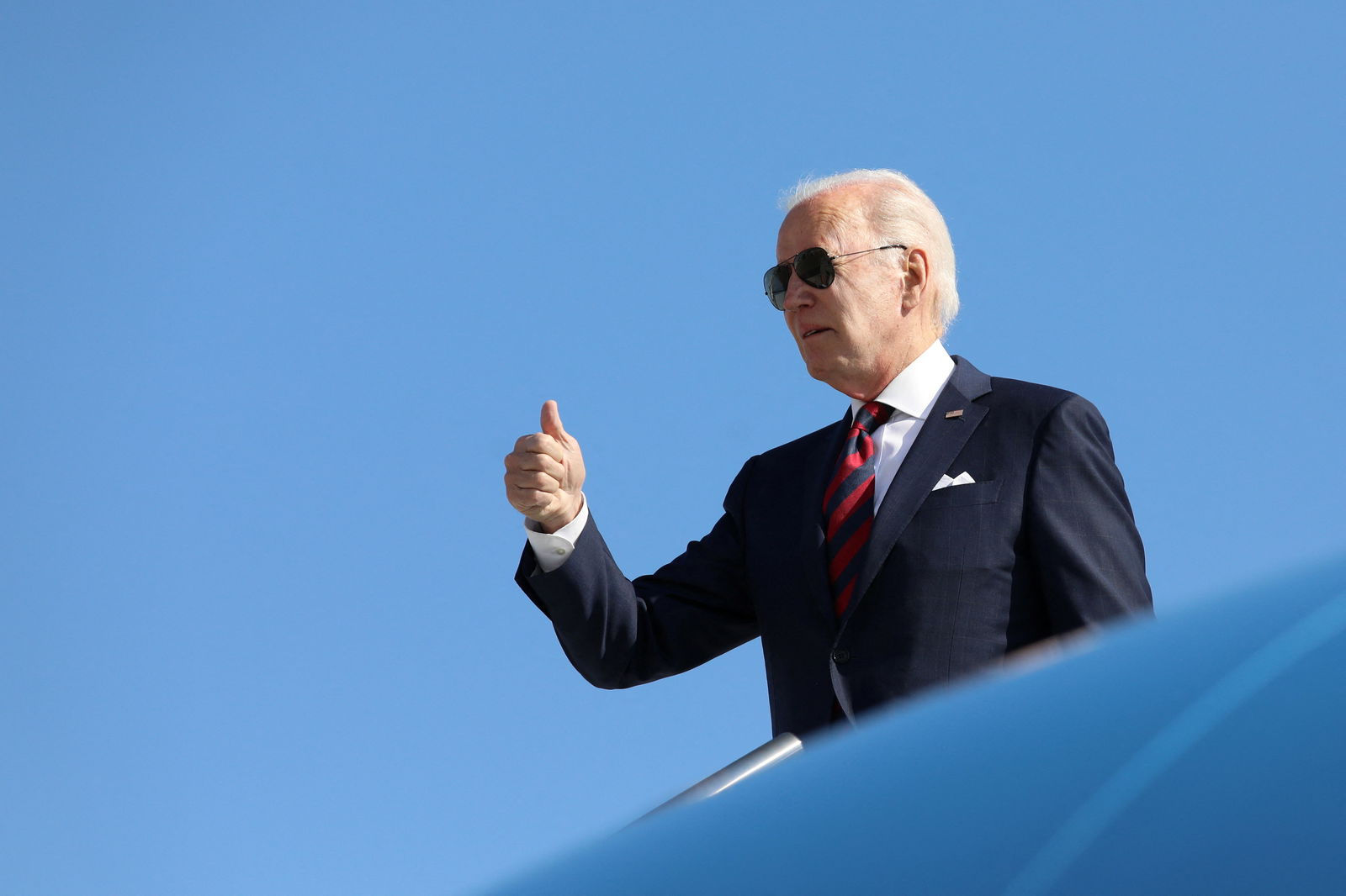 President Joe Biden boards Air Force One as he departs for Philadelphia, Pennsylvania at Delaware Air National Guard Base in New Castle, Delaware, May 15, 2023.