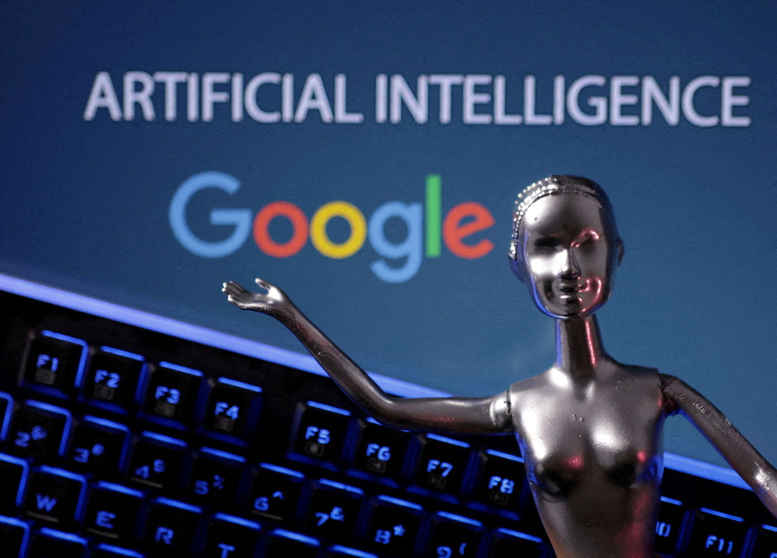 Google logo and AI Artificial Intelligence words are seen in this illustration taken on May 4, 2023.