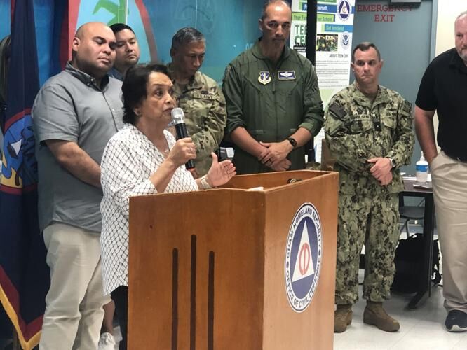 Gov. Lou Leon Guerrero speaks during a press conference on post-typhoon recovery efforts Monday, May 29, 2023, at Guam Homeland Security/Office of Civil Defense headquarters in Agana Heights.  