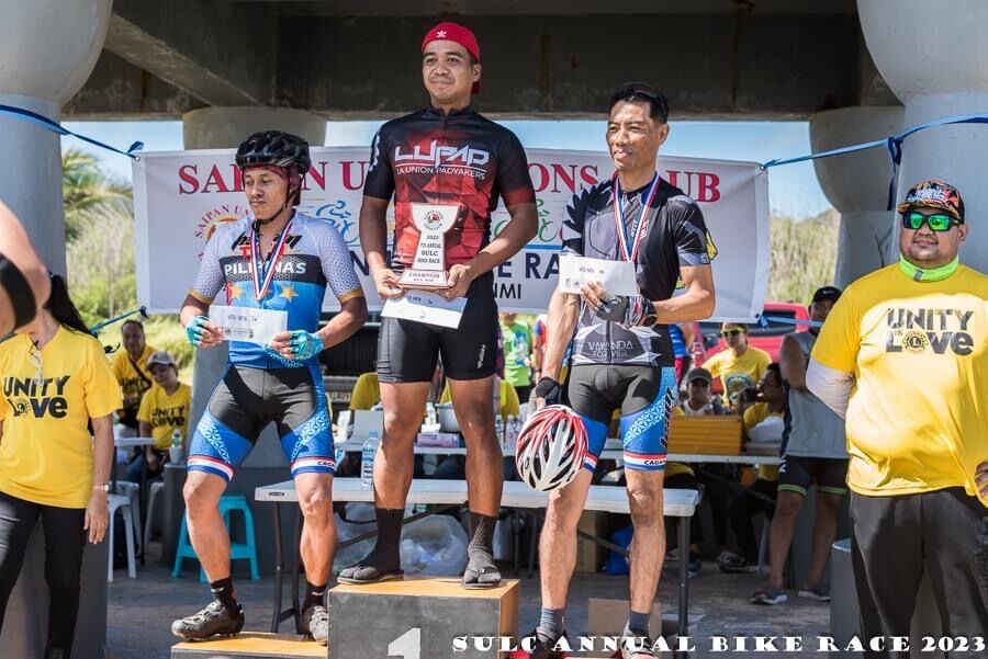 The top three finishers in the mountain bike, male, long course category: 1st - Rolando Gacayan, 1:25:48; 2nd - Mike Aparte 1:27:31; and 3rd - Hernan Cristobal, 1:30:11.