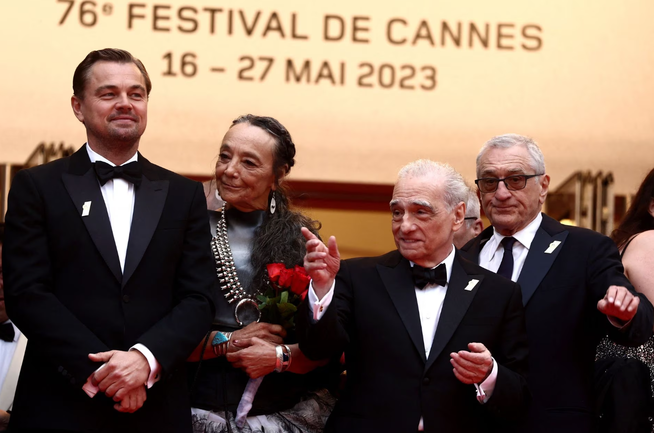 Cast members Tantoo Cardinal, Leonardo DiCaprio, Robert De Niro and Director Martin Scorsese pose during the screening of their film, "Killers of the Flower Moon," at the 76th Cannes Film Festival in Cannes, France, May 20, 2023.