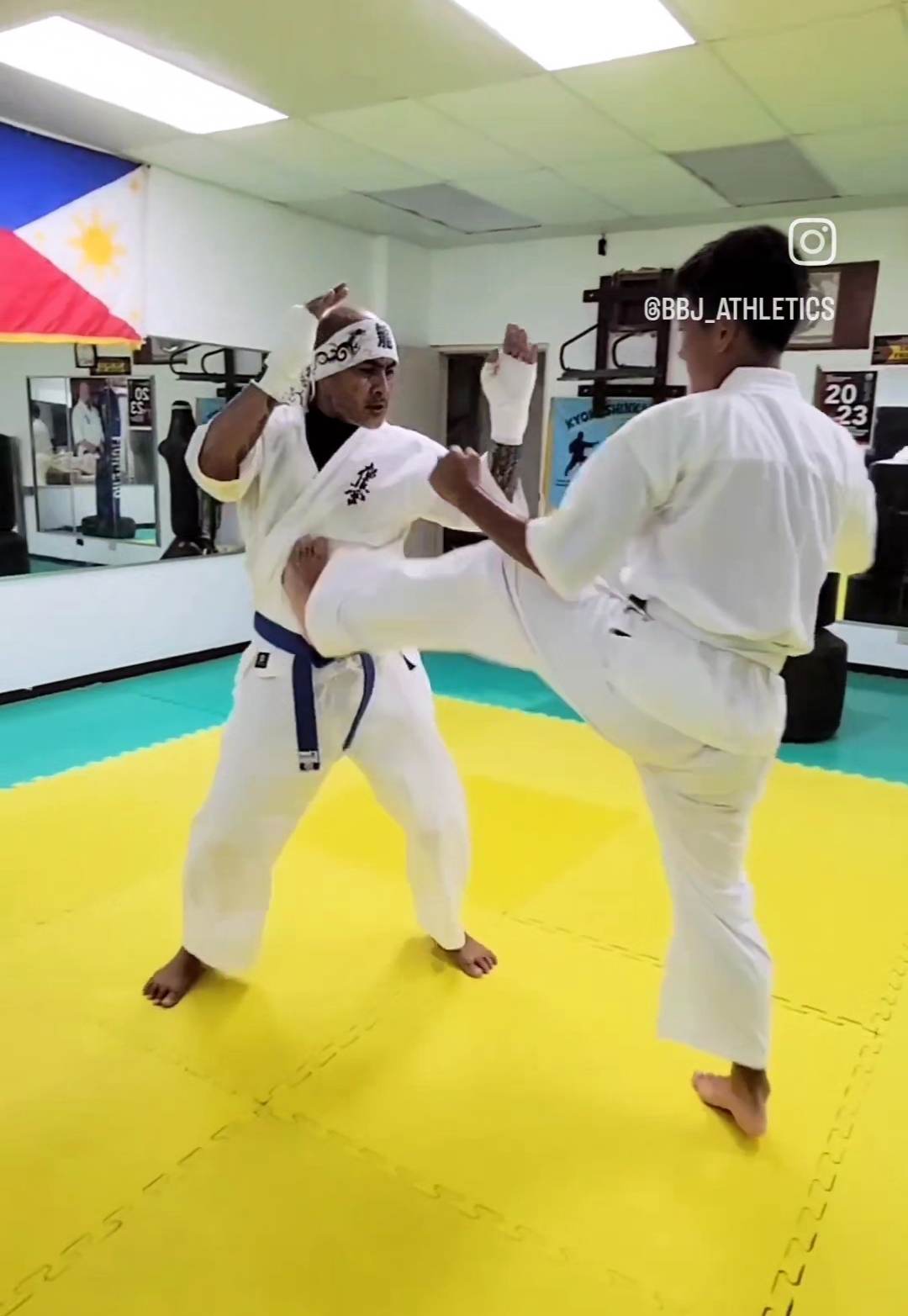 Jerry Diaz, left, trains with Jiahang Wu at Kyokushinkai Dojo in preparation for the WKO Guam Katate Tournament held on April 29, 2023.