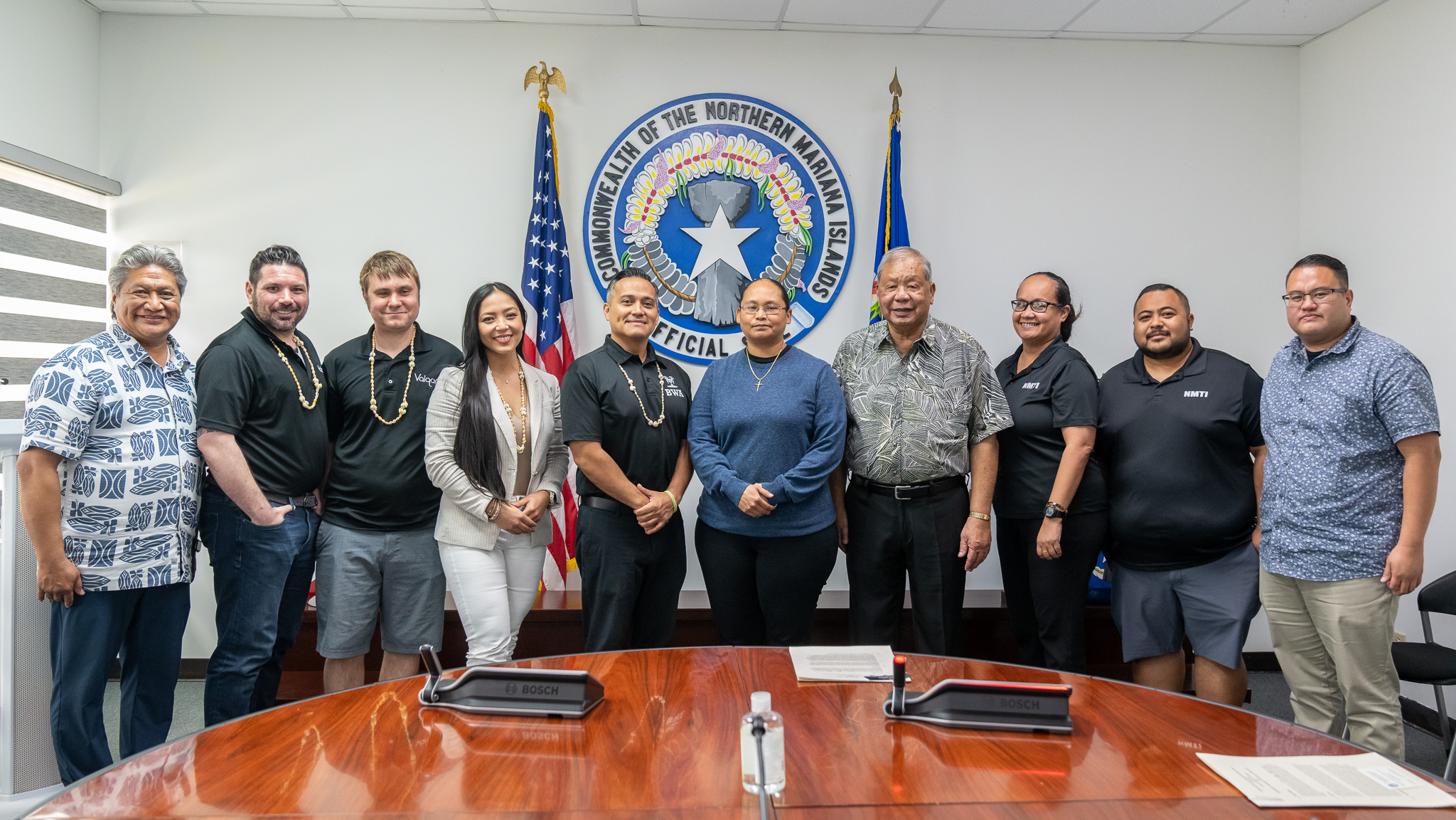From left, Substance Abuse, Addiction and Rehabilitation Program Special Assistant Diego M. Sablan, Valqari CEO Ryan Walsh, Bella Wings Aviation Director of Engineering Dylan Wagner, BWA business strategy and operations advisor Dr. Natalia Faculo, BWA CEO and co-founder Charlie Hermosa, Northern Marianas Technical Institute CEO Jodina Attao, Lt. Gov. David M. Apatang, NMTech Human Resources and Operations Manager Char Quitano, NMTech Marketing Coordinator Benjamin Babauta Jr., and House Committee on Education Chairman Manny T. Castro.