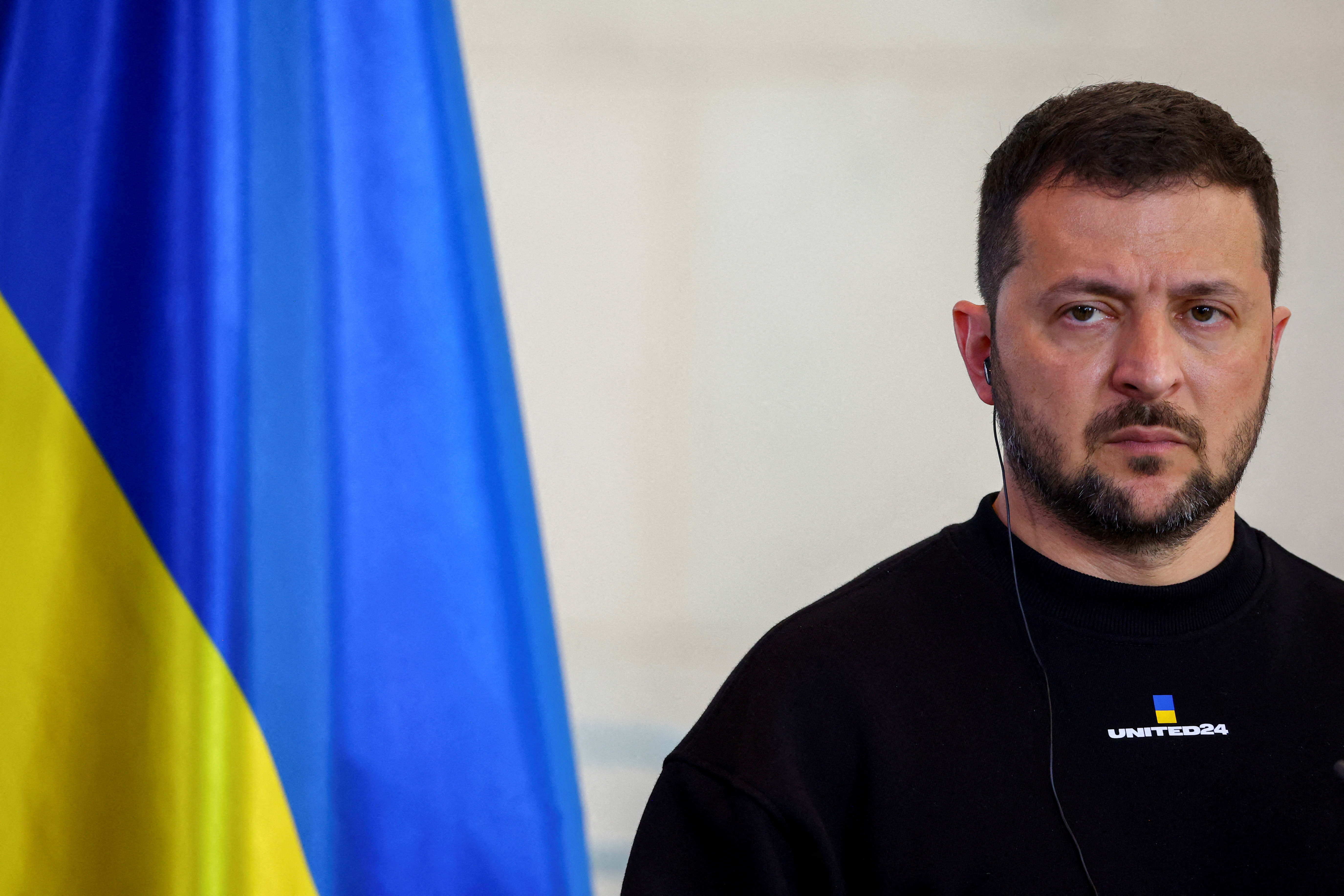 FILE PHOTO: Ukraine's President Volodymyr Zelenskiy speaks to the media at the Chancellery in Berlin, Germany, May 14, 2023. REUTERS/Fabrizio Bensch/File Photo