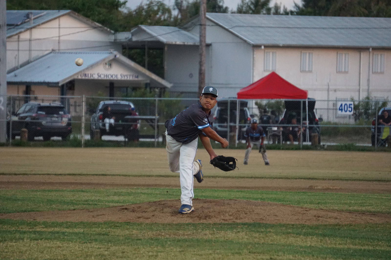 The Falcons' Keoni Serano pitches against D9er's during a Tan Holdings Saipan Baseball League game Tuesday at the Francisco "Tan Ko" Palacios Baseball Field.