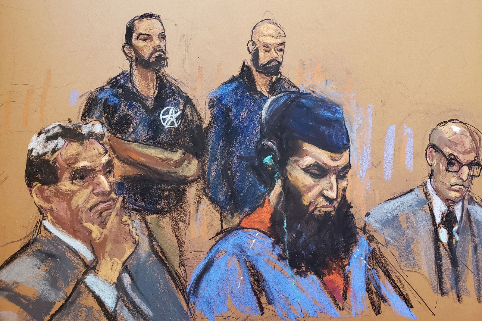 Sayfullo Saipov, who was convicted in January of murder and terrorism charges after mowing down cyclists and pedestrians with a truck, looks down while seated between his attorneys David Stern and Andrew Damask during his sentencing hearing in New York, U.S., May 17, 2023 in this courtroom sketch. REUTERS/Jane Rosenberg