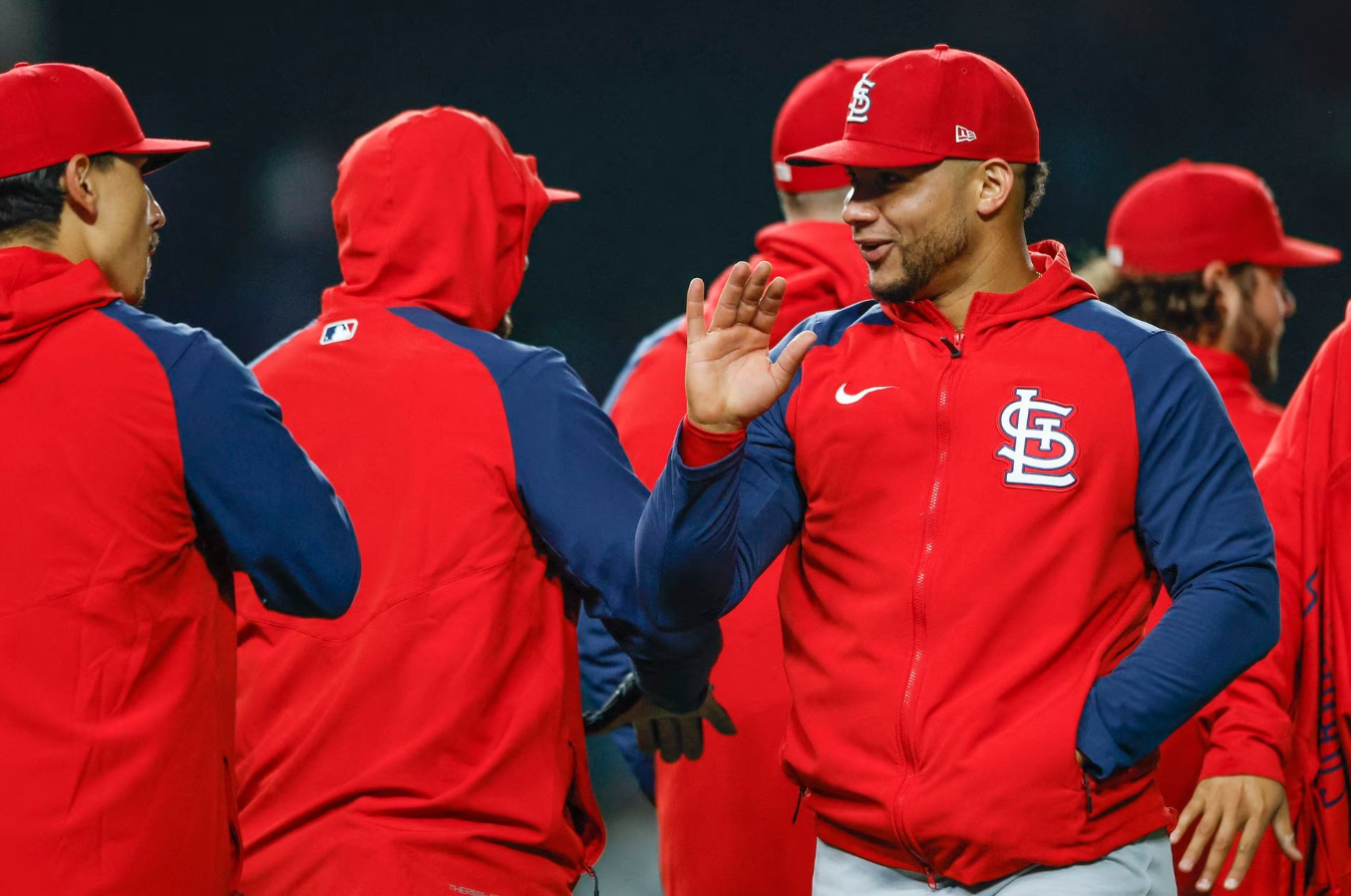 St. Louis Cardinals catcher Willson Contreras (40) celebrates team's win against the Chicago Cubs at Wrigley Field in Chicago, Illinois, May 8, 2023.