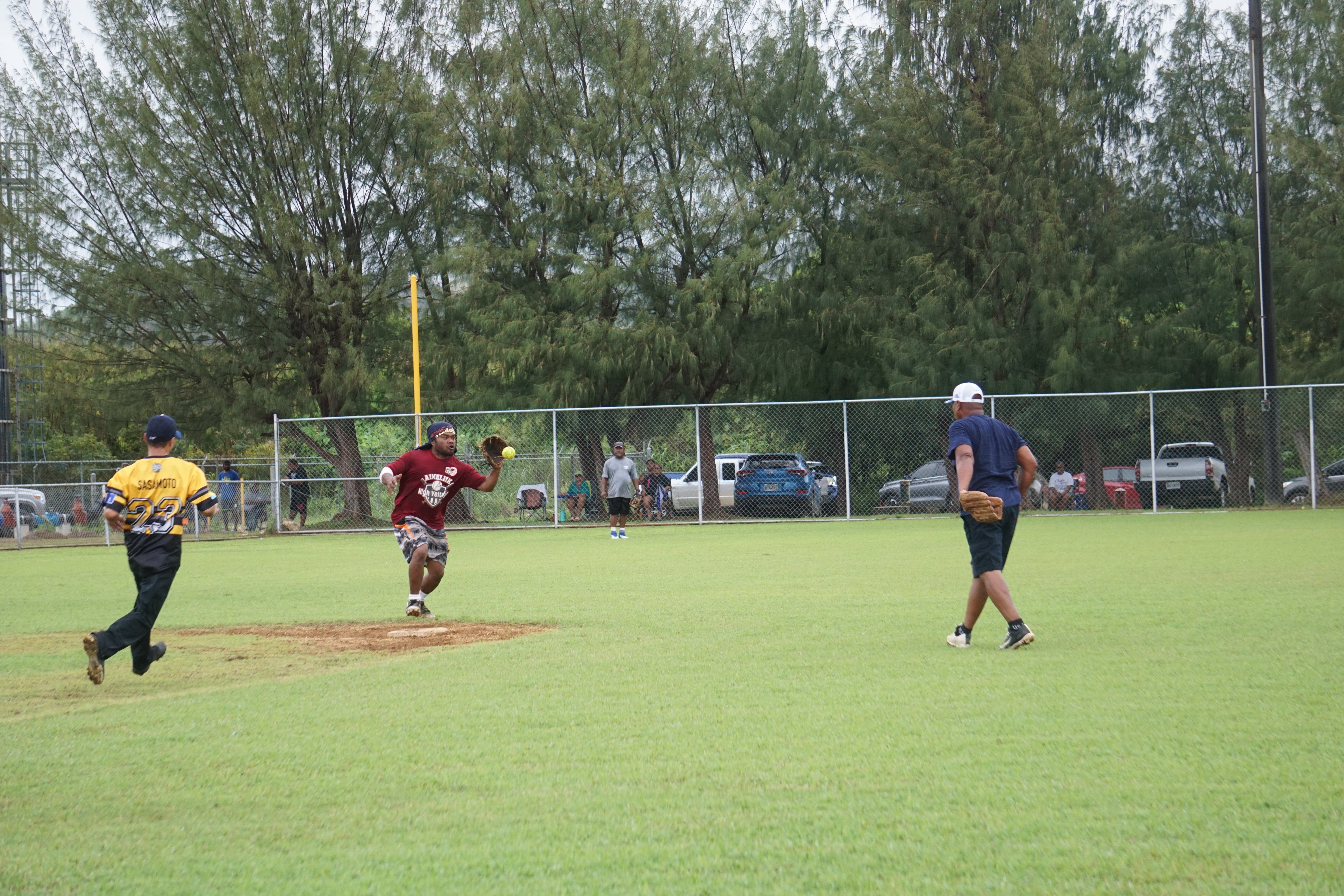 Aimeliik 1 Time shortstop Chico Ilo secures the ball for the out on second base during a Budweiser Belau Amateur Softball League game Sunday at the Dandan baseball field.