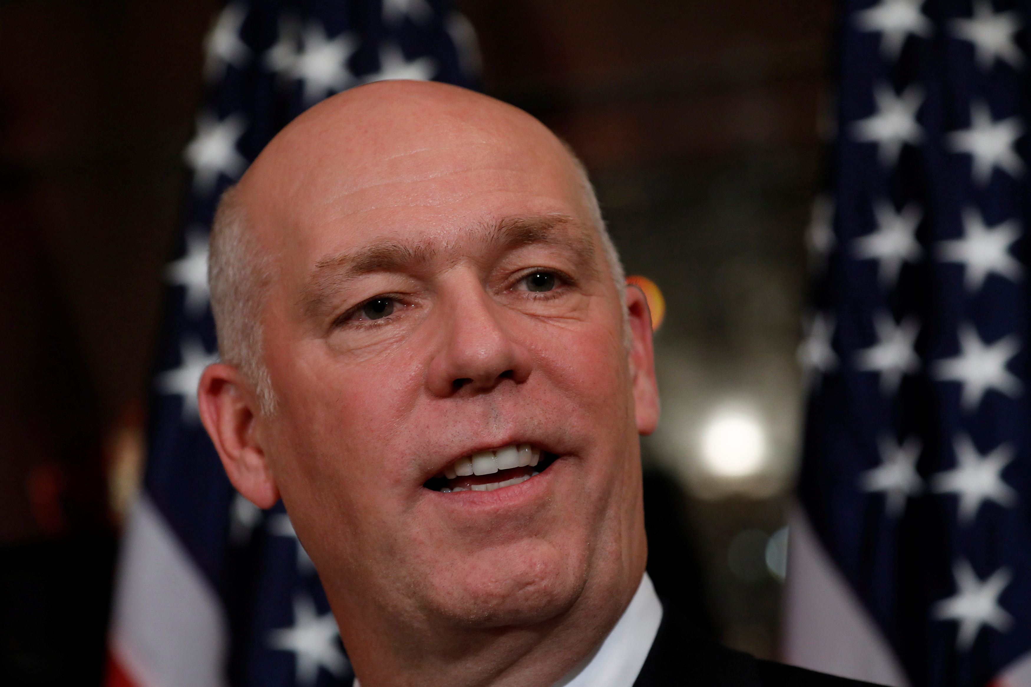 FILE PHOTO: Rep. Greg Gianforte (R-MT) speaks with reporters prior to a ceremonial swearing-in ceremony at the U.S. Capitol Building in Washington, U.S., June 21, 2017. REUTERS/Aaron P. Bernstein