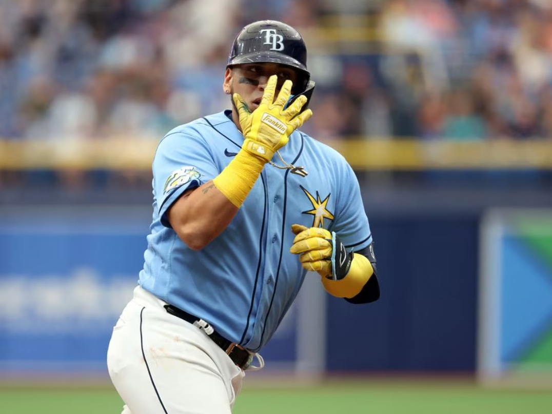 Tampa Bay Rays third baseman Isaac Paredes (17) celebrates as he hits a home run against the Los Angeles Dodgers during the fourth inning at Tropicana Field in St. Petersburg, Florida, May 28, 2023.