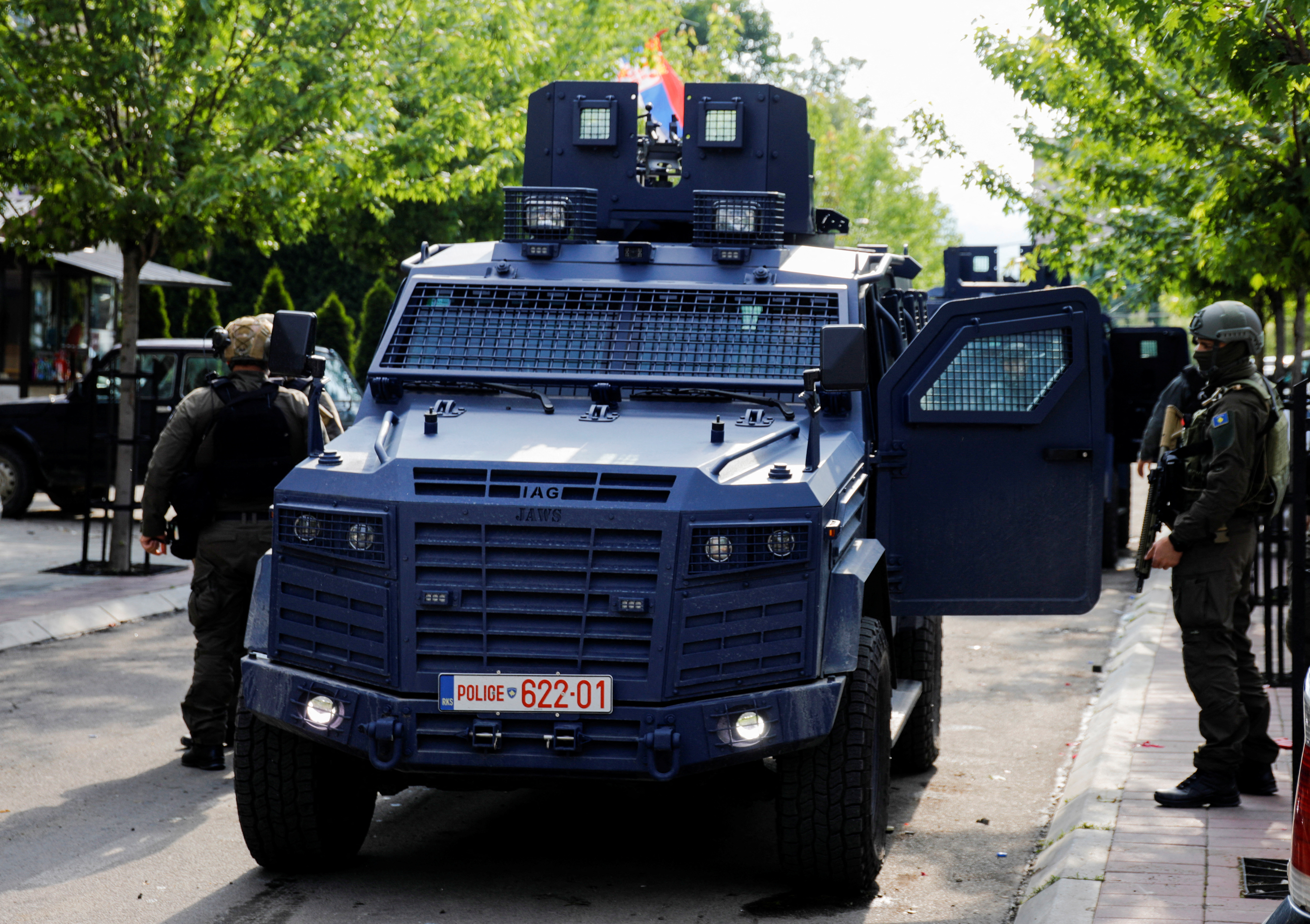FILE PHOTO: Members of Kosovo special police forces guard the municipal offices in Zvecan after ethnic Serb protestors tried to prevent a newly-elected ethnic Albanian mayor from entering the office in Zvecan, Kosovo, May 27, 2023.REUTERS/Ognen Teofilovski