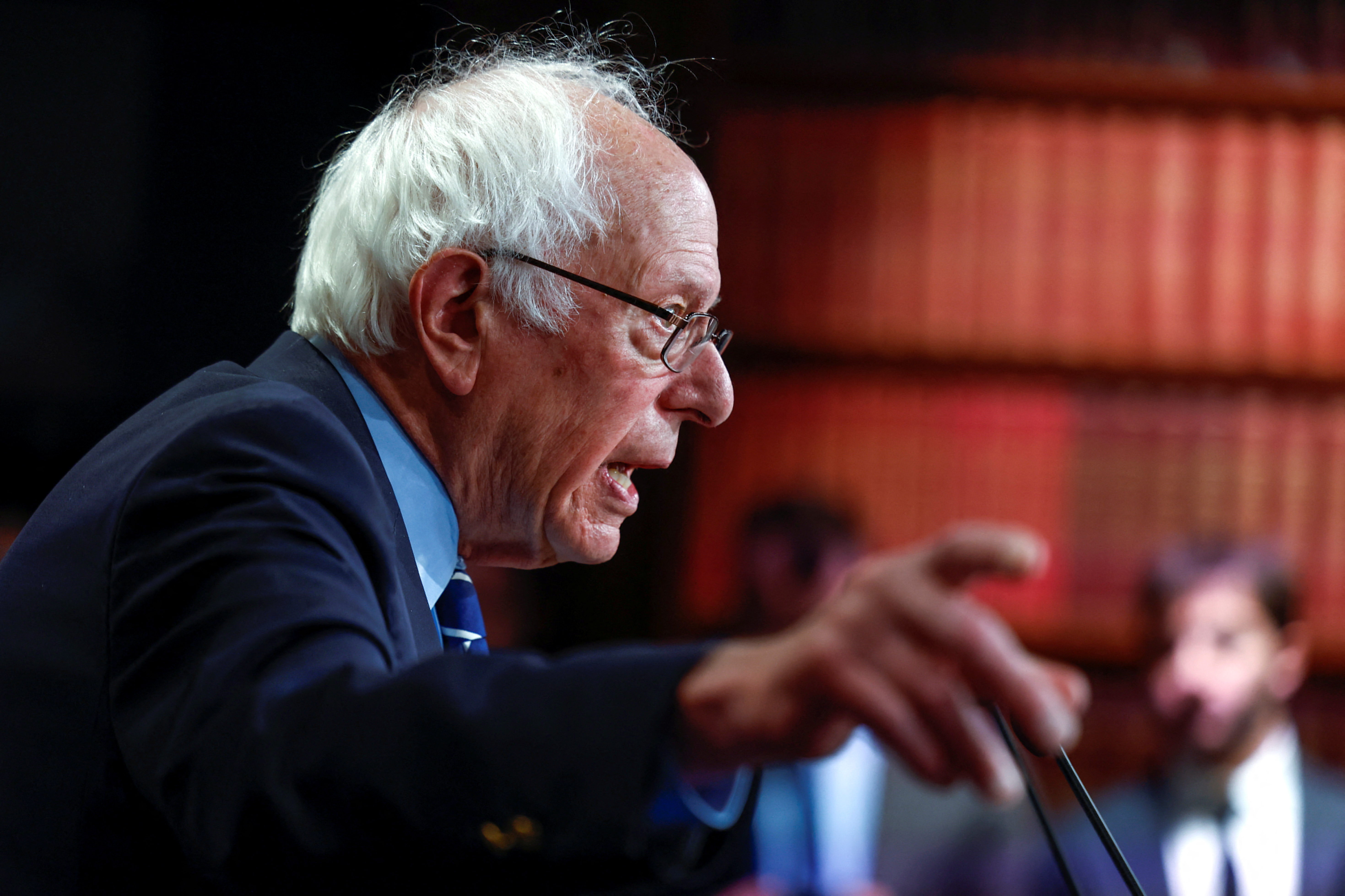 U.S. Senator Bernie Sanders (I-VT) speaks at a press conference on Capitol Hill about 11 Senate Democrats who sent a letter to President Joe Biden urging him to invoke the 14th Amendment to avoid a catastrophic debt default, in Washington, U.S., May 18, 2023. REUTERS/Evelyn Hockstein