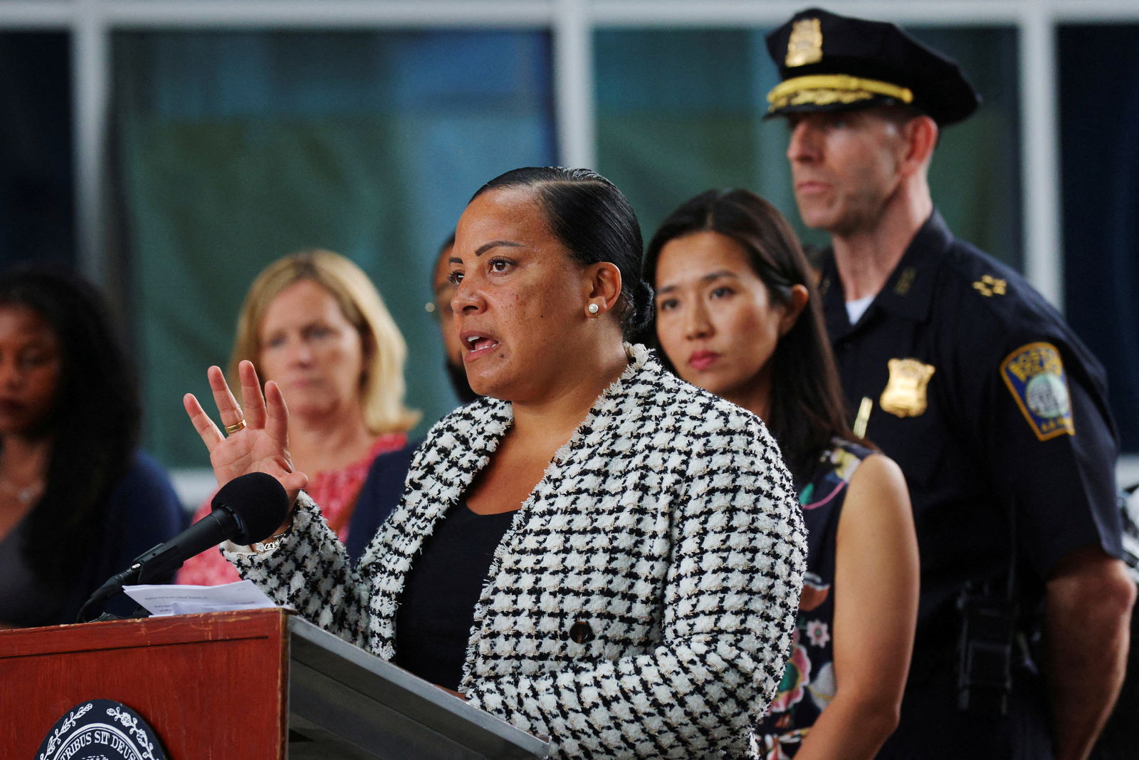FILE PHOTO: U.S. Attorney for Massachusetts Rachael Rollins, with Boston Mayor Michelle Wu and acting Boston Police Commissioner Gregory Long, speaks to reporters about the march through Boston by supporters of the white nationalist group Patriot Front during the Fourth of July holiday weekend, in Boston, Massachusetts, U.S., July 5, 2022. REUTERS/Brian Snyder