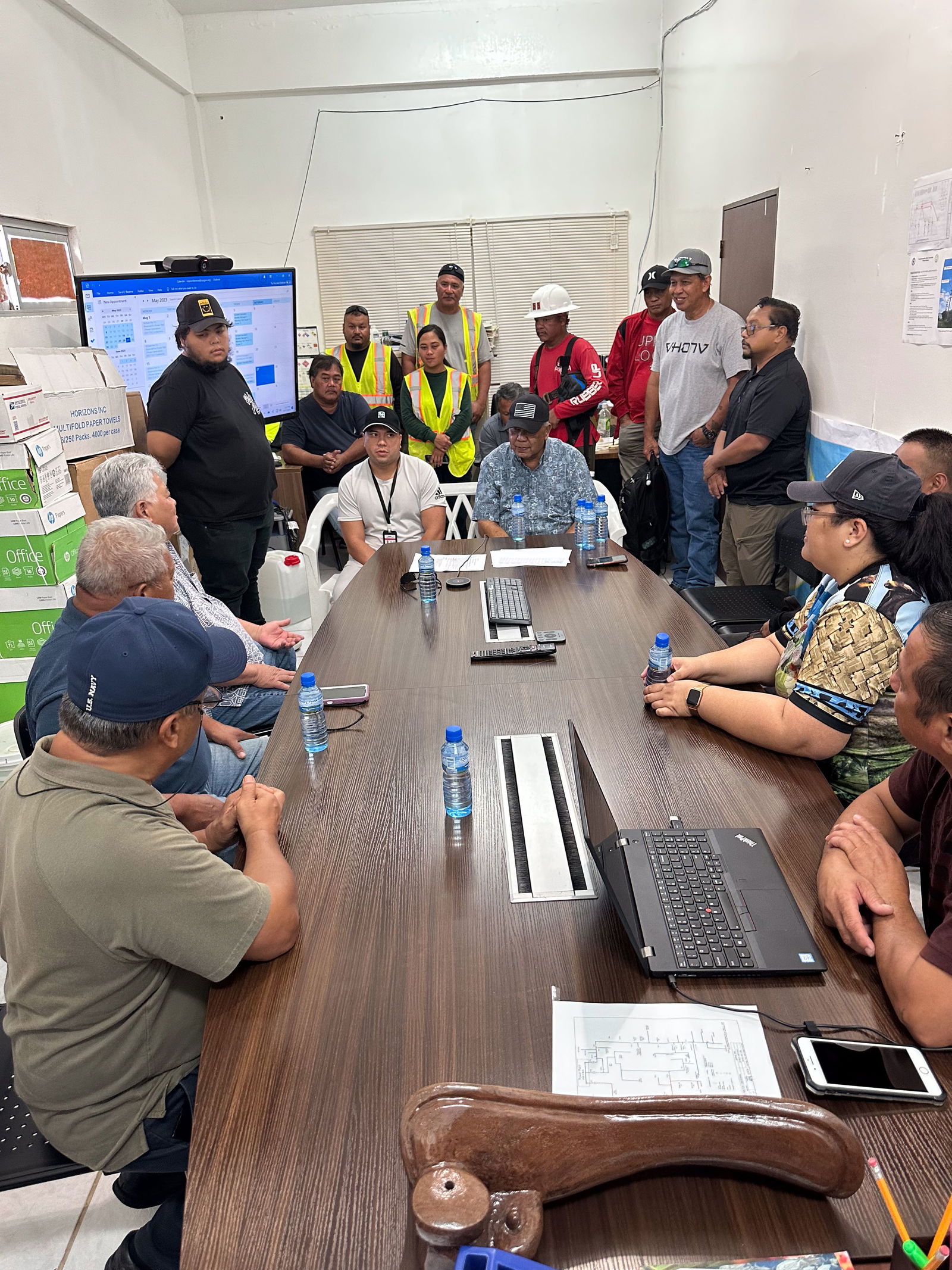 The Commonwealth Utilities Corporation leadership and crew line staff members met with Gov. Arnold I. Palacios and Lt. Gov. David M. Apatang at the CUC office in Rota. The governor and lt. governor thanked the CUC team for their quick response and action in restoring power to most of Rota’s residents.