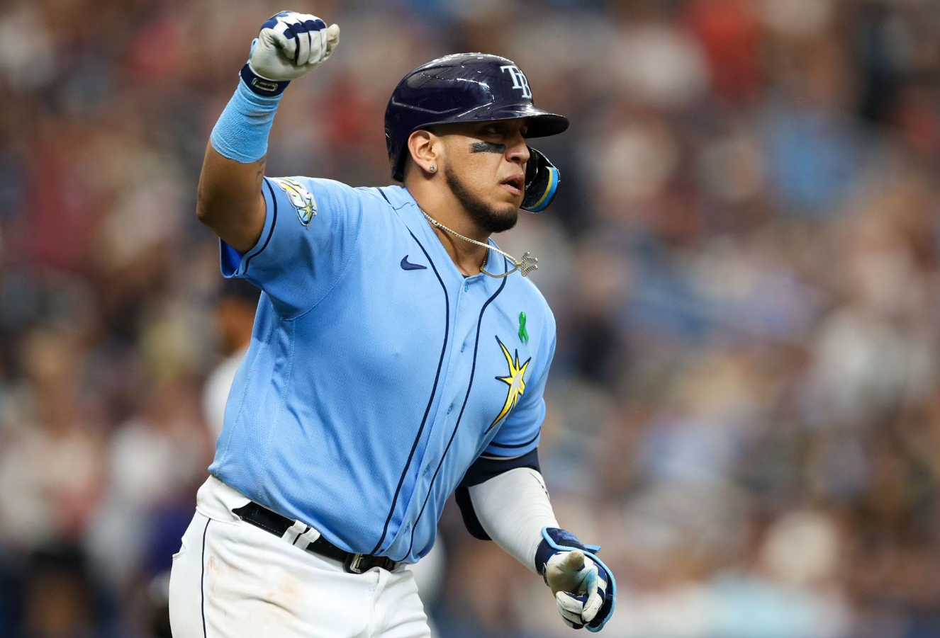 Tampa Bay Rays third baseman Isaac Paredes (17) hits a walk off single against the New York Yankees in the tenth inning at Tropicana Field in St. Petersburg, Florida,  May 7, 2023.