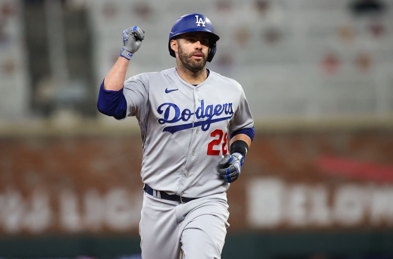 Los Angeles Dodgers designated hitter J.D. Martinez (28) celebrates after a home run against the Atlanta Braves in the seventh inning at Truist Park in Atlanta, Georgia, May 22, 2023.