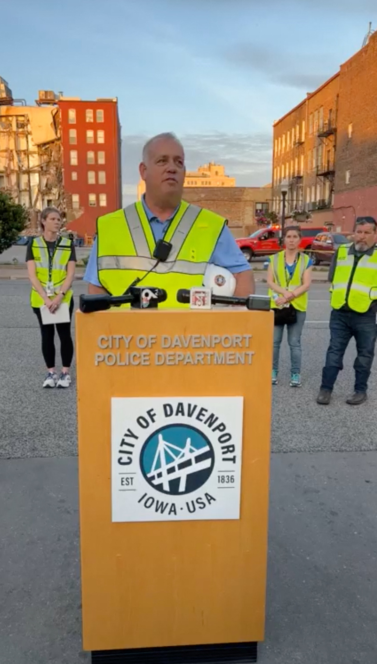 Davenport Fire Chief Mike Carlsten speaks during a press conference on the apartment building collapse in Davenport, Iowa, U.S., May 28, 2023 in this screengrab taken from a handout video. City of Davenport Government via Facebook/Handout via REUTERS