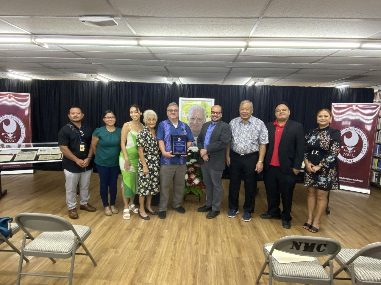 From left, House Vice Speaker Joel Camacho, Janice McPhetres, Jaiden Santos former Northern Marianas College President Agnes M. McPhetres, Samuel McPhetres Jr., NMC President Galvin Deleno Guerrero, Acting Gov. David M. Apatang, CNMI Archivist Raymond Muna  and Senate Floor Leader Corina Magofna.