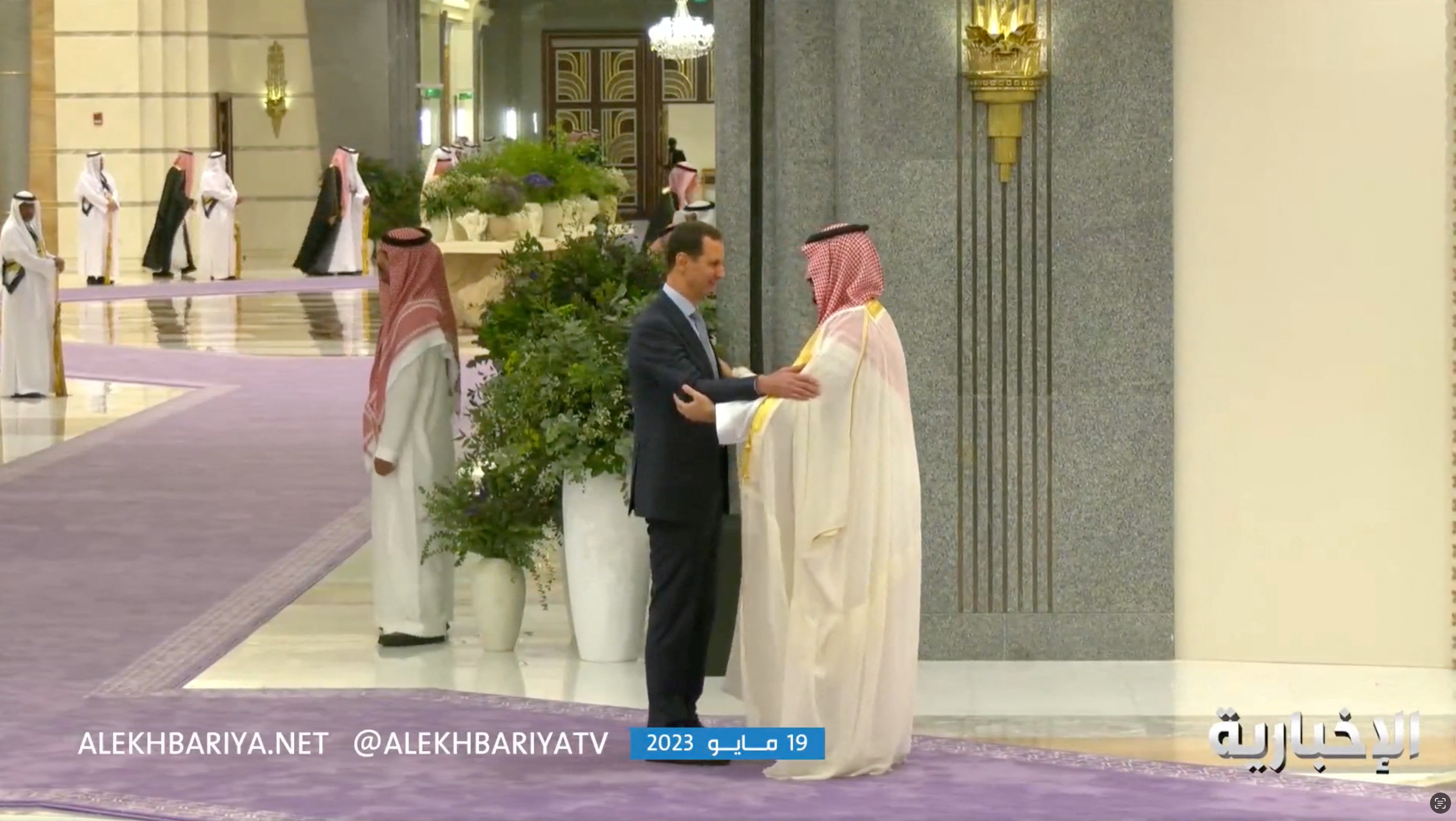 Syria's President Bashar al-Assad meets with Saudi Crown Prince Mohammed bin Salman during the Arab League summit, in Jeddah, Saudi Arabia in this still image obtained from a video May 19, 2023. AL EKHBARIYA TV via REUTERS