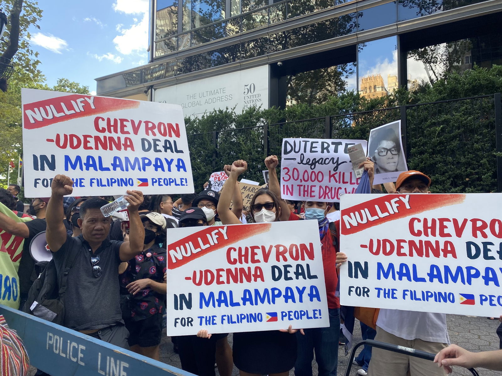 Filipinos in New York protest the Chevron-Udenna deal on Sept. 21, 2022.