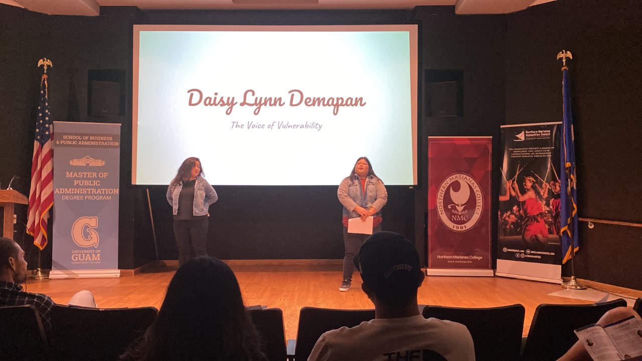 Slam poet Daisy Demapan, right, with Mercilynn Palec.