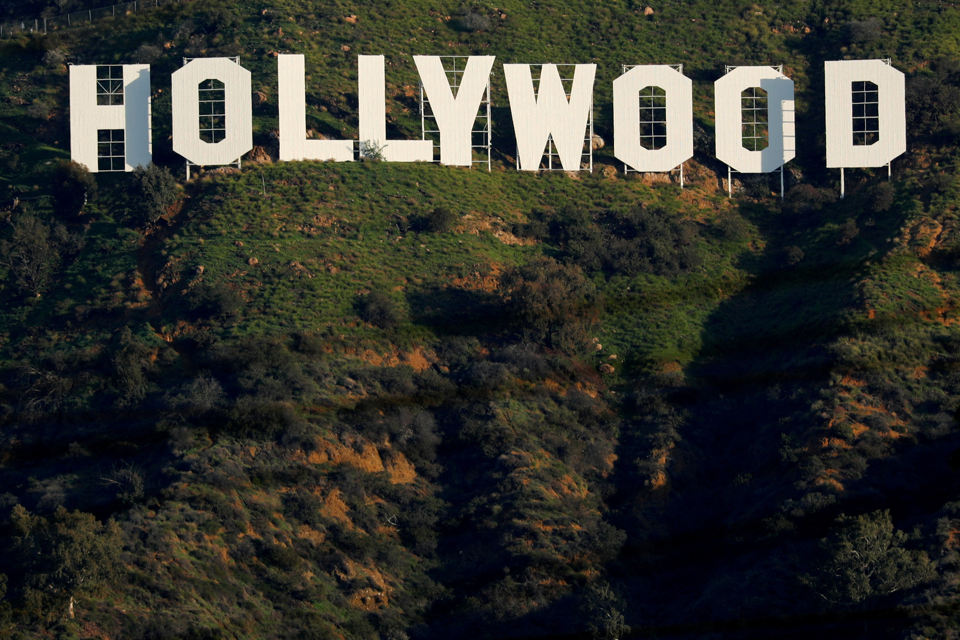 FILE PHOTO: The iconic Hollywood sign is shown on a hillside above a neighborhood in Los Angeles California, U.S., February 1, 2019. REUTERS/Mike Blake