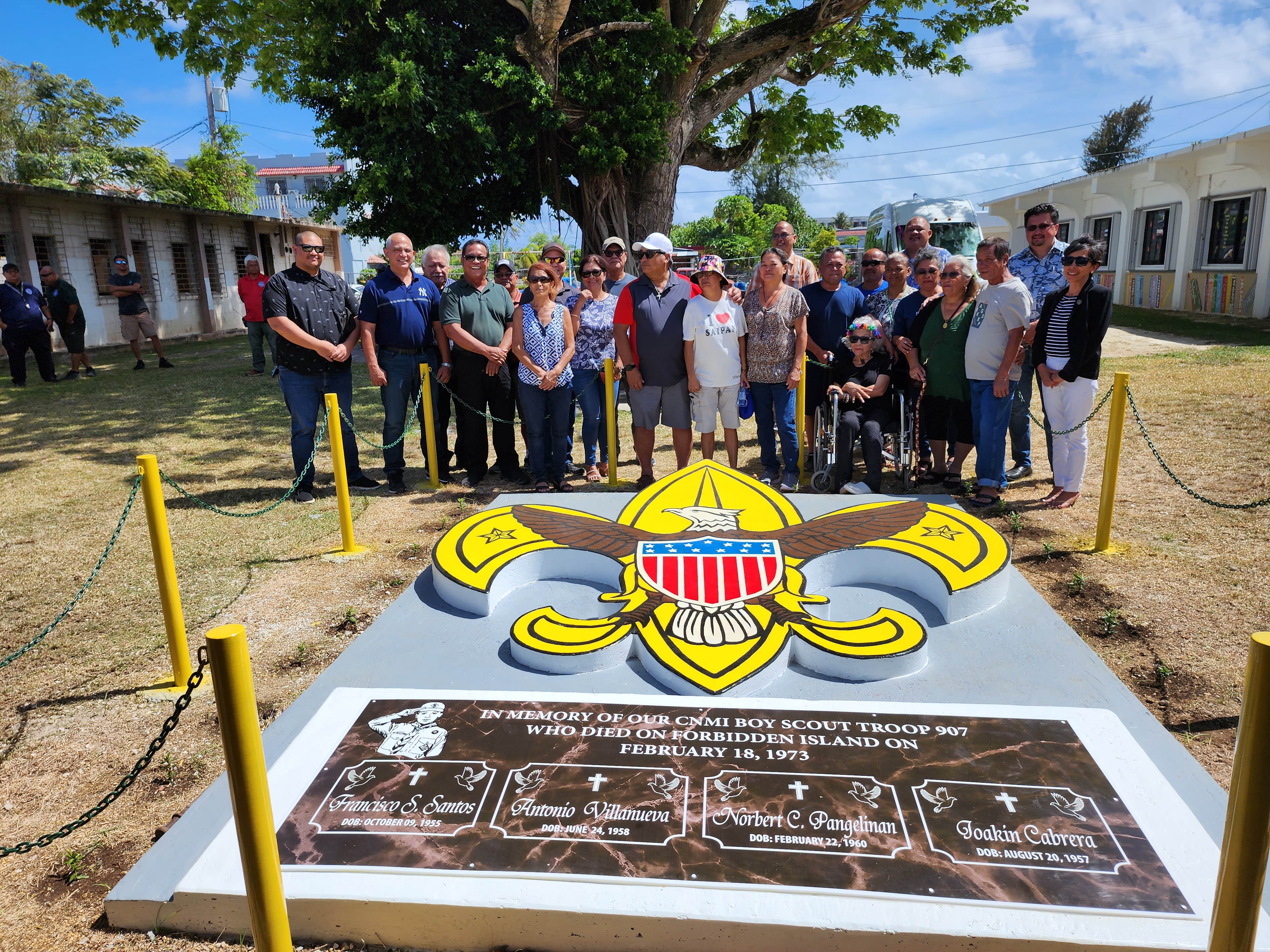 At the newly renovated memorial in San Antonio on May 3, Saipan Mayor Ramon “RB” Camacho, his staff, lawmakers and community members pose for a photo with the family members of the four boy scouts who died on Forbidden Island in Feb. 1973.