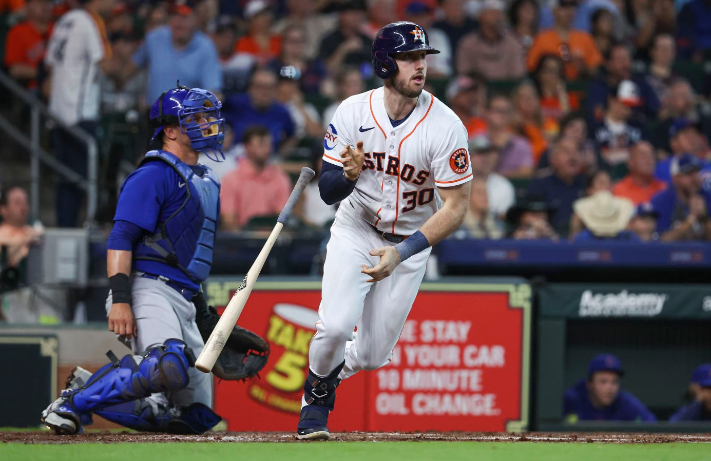 Houston Astros designated hitter Kyle Tucker (30) hits a single during the first inning against the Chicago Cubs at Minute Maid Park in Houston, Texas, May 17, 2023.