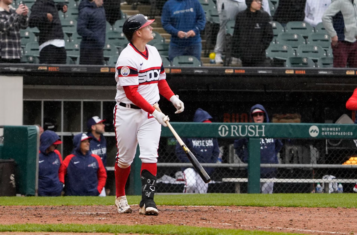 Chicago White Sox first baseman Andrew Vaughn (25) watches his game-winning three-run home run against the Tampa Bay Rays during the ninth inning at Guaranteed Rate Field in Chicago, Illinois,  April 30, 2023.