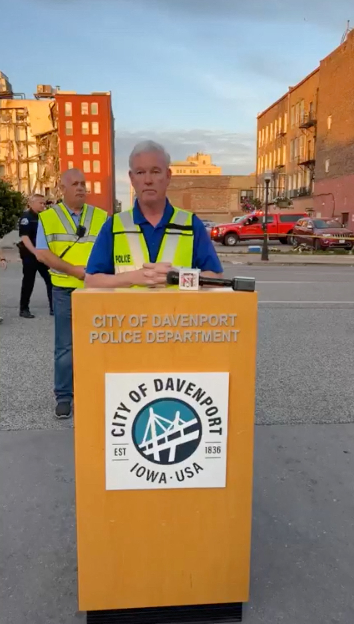 Mayor of Davenport Mike Matson speaks during a press conference on the apartment building collapse in Davenport, Iowa, U.S., May 28, 2023 in this screengrab taken from a handout video. City of Davenport Government via Facebook/Handout via REUTERS