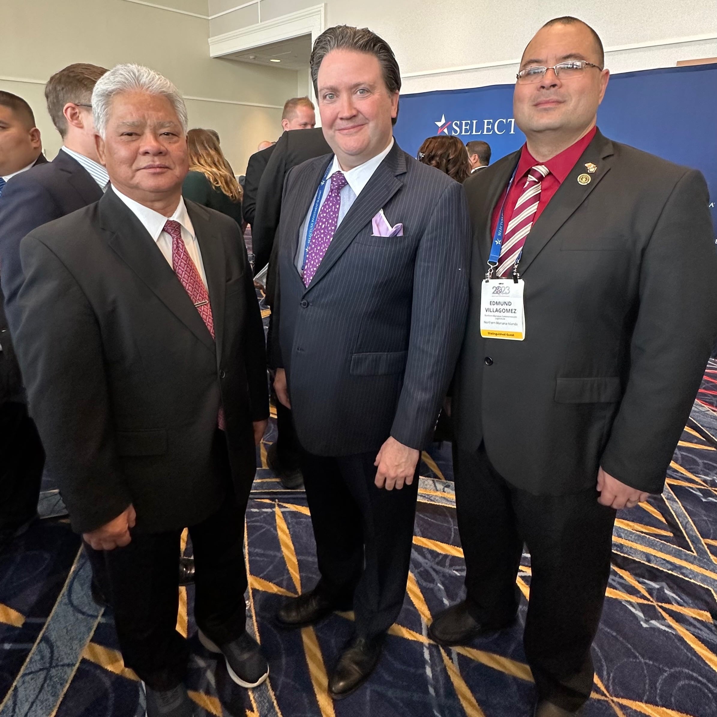 From left, Gov. Arnold I. Palacios, U.S. Ambassador to Vietnam Marc E. Knapper, and Speaker Edmund S. Villagomez at the 2023 SelectUSA Investment Summit in National Harbor, MD.