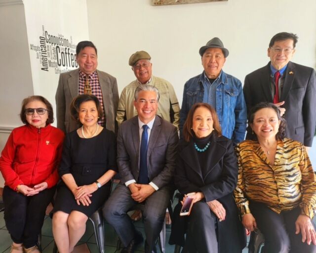 California Attorney General Rob Bonta meets with leaders of the Filipino American community from the nation’s east and west coasts on April 21, 2023. Back row, standing from left, Rodel Rodis, Ernie Llorente, Rad Abarrientos (National Youth Movement for the West Philippine Sea), and Eric Lachica (U.S. Filipinos for Good Governance-D.C.). Seated, from left, Mila Llorente, Loida Lewis, Attorney General Rob Bonta, Rocio Nuyda and Edna Rodis.