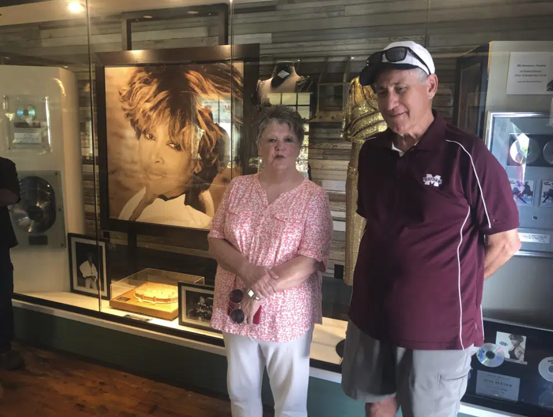 Sherry and Tom Raggett speak with a reporter inside the Tina Turner Museum at Flagg Grove School at the West Tennessee Delta Heritage Center on Wednesday, May 24, 2023, in Brownsville, Tenn.