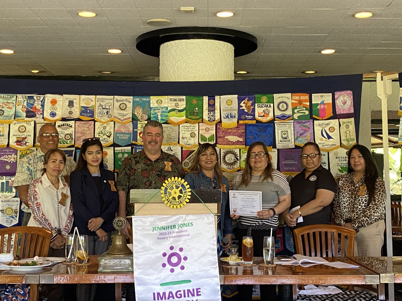 From left, Rotary Club of Saipan Treasurer Charles Cepeda, President-elect Irene Holl, Club Service Director Mary Grace Bautista, Sgt.-at-Arms Mario Valentino, Vice President Jessy Loomis, Division of Youth Services Administrator Vivian Sablan, Family and Youth Enhancement Program Supervisor Jennifer Tanaka, and Rotary Club of Saipan Secretary Joann Aquino.