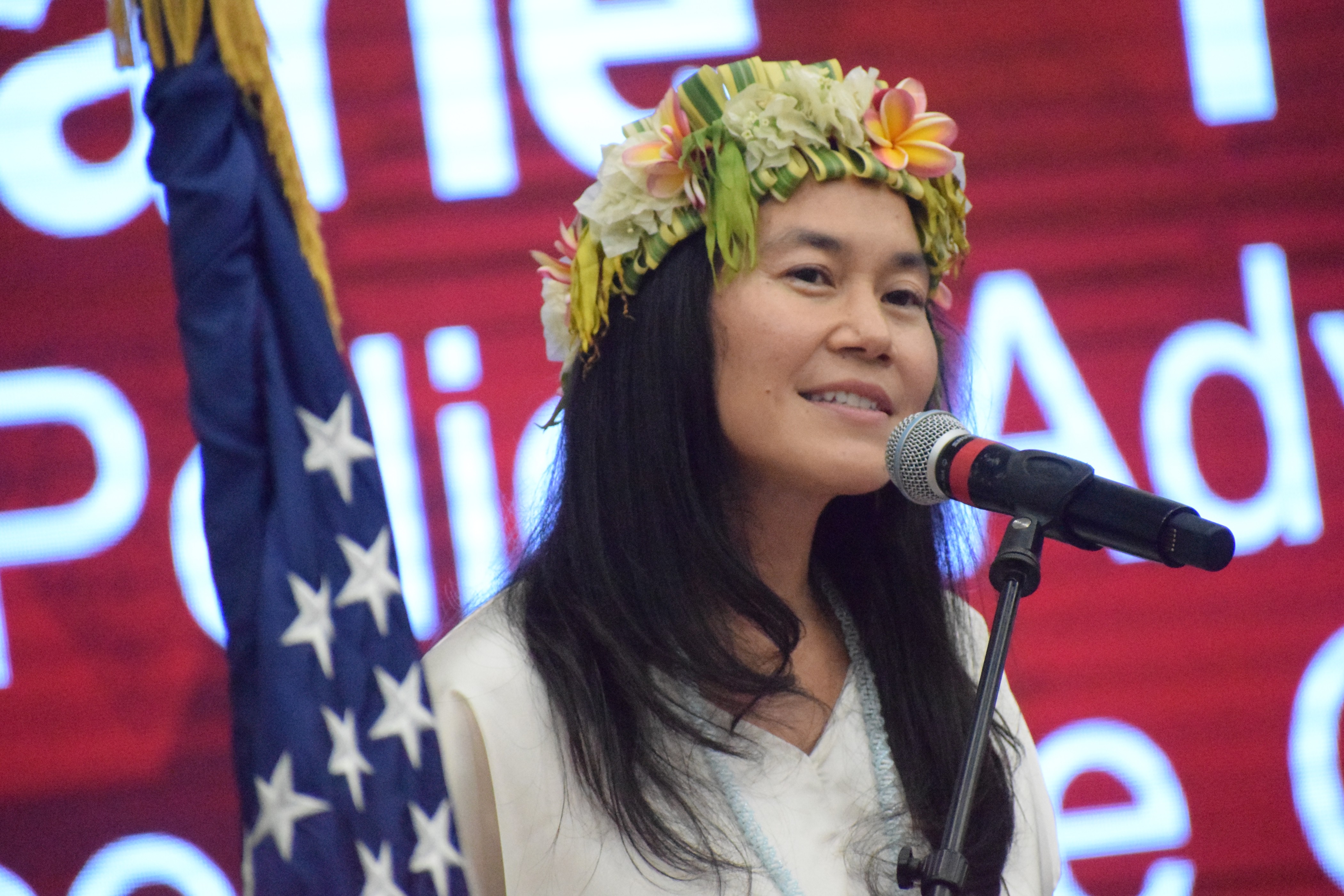 Former Rep. Tina Sablan delivers the keynote address during the Northern Marianas College graduation ceremony at the MHS gym Friday.