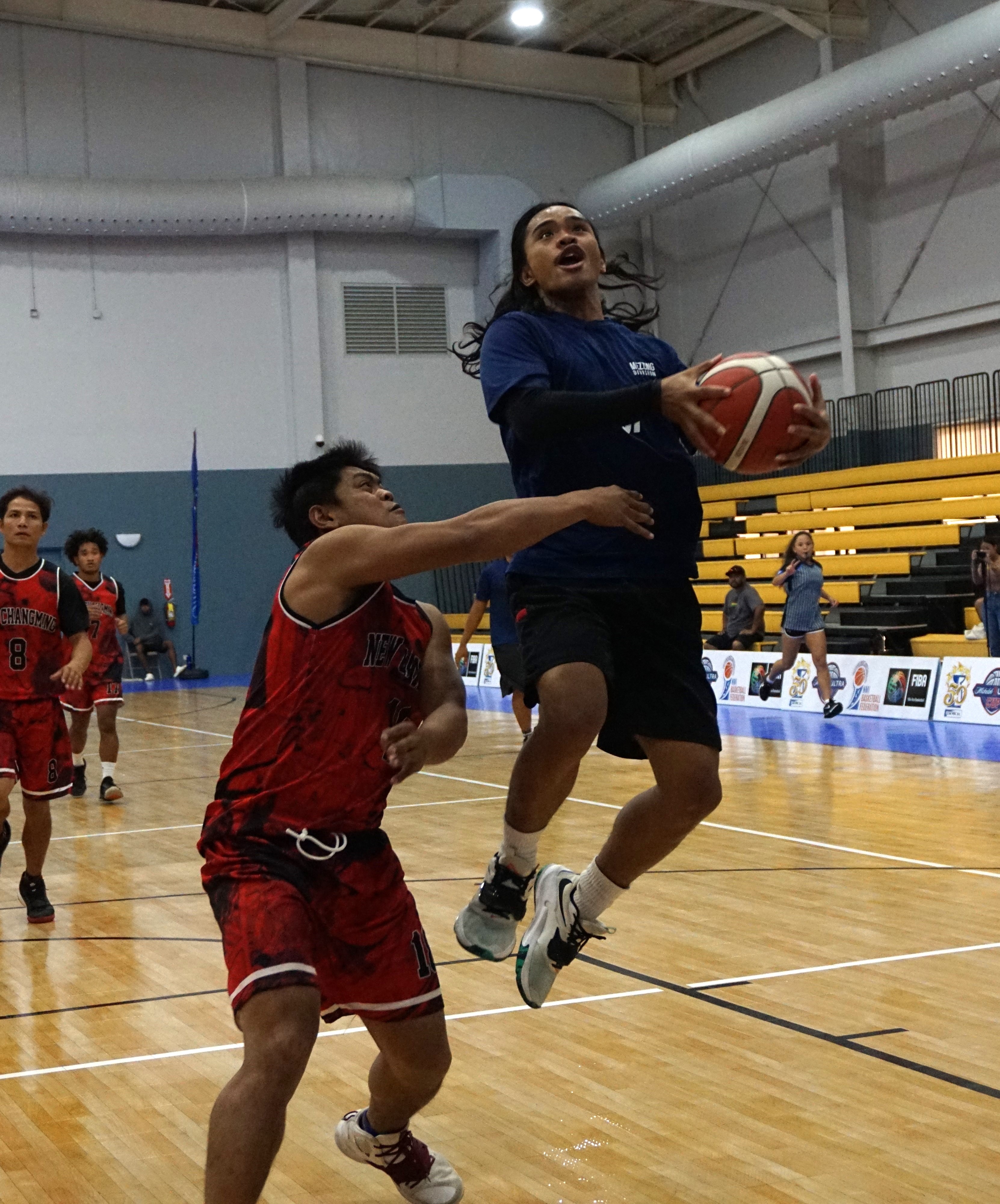 Martech Ol'Aces' Airson Atan gets fouled as he goes up for the shot during a playoff game of the Michelob Ultra Cup 2023 Saturday at the Ada gym.